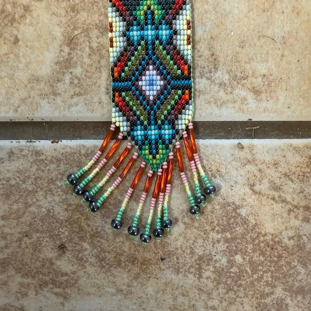 Native American‎ Seed Beaded Necklace Handmade Multicolor Fringe Boho Unisex